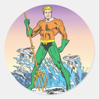 Aquaman Stands With Spear Classic Round Sticker by justiceleague at Zazzle