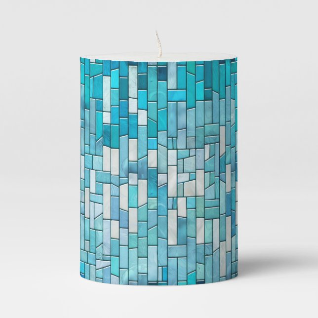 Aquamarine Abstract Mosaic Art Pillar Candle (Front)