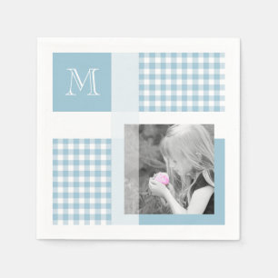 Aquamarine Add Your Photo Gingham Modern Monogram Napkins