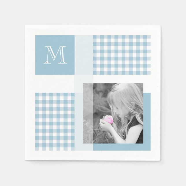 Aquamarine Add Your Photo Gingham Modern Monogram Napkins (Front)