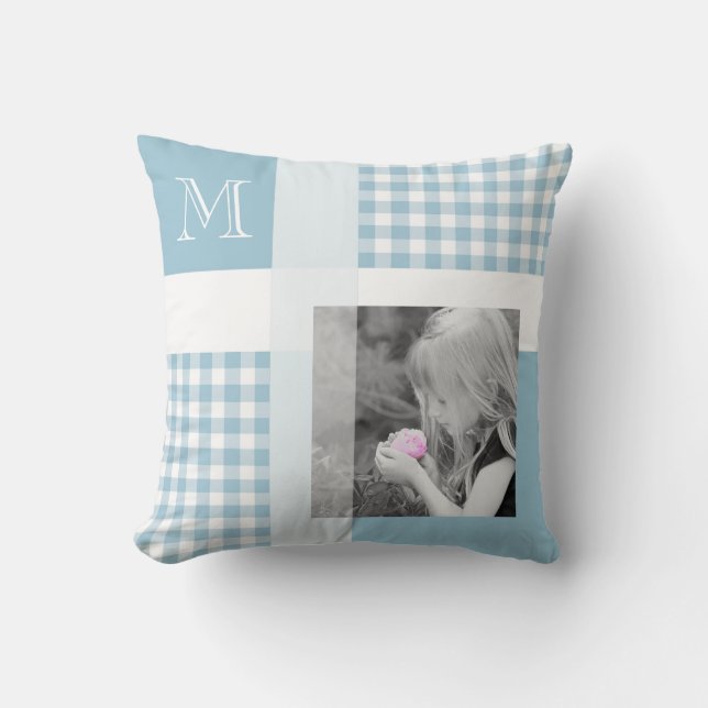 Aquamarine Add Your Photo Gingham Modern Monogram Throw Pillow (Front)