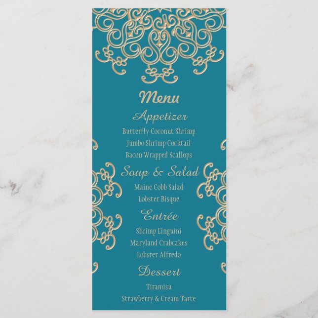Aquamarine and Gold Indian Style Menu Cards (Front)