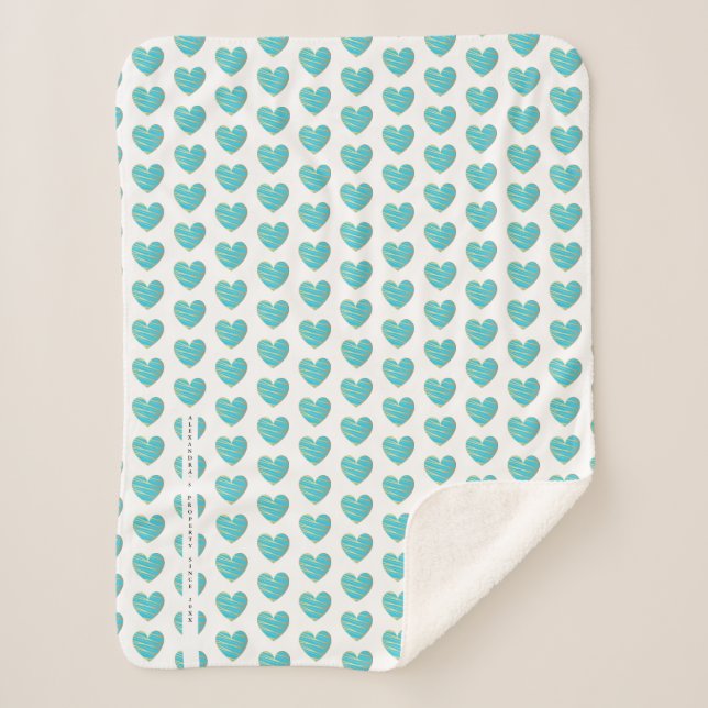 Aquamarine and Golden effect Elegant Heart Sherpa Blanket (Front)