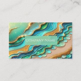Aquamarine and Golden Glitter Tropical Beach Business Card