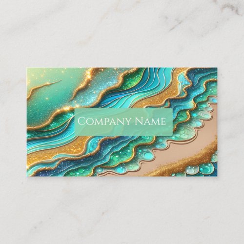 Aquamarine and Golden Glitter Tropical Beach Business Card