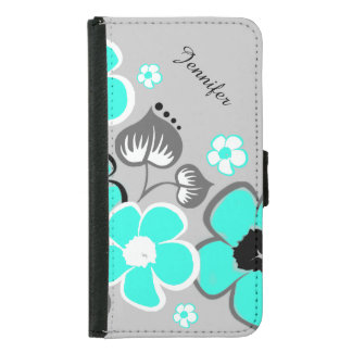 Aquamarine and Gray Floral Samsung S5 Wallet Case
