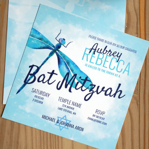 Aquamarine and Navy Blue Dragonfly Bat Mitzvah Invitation