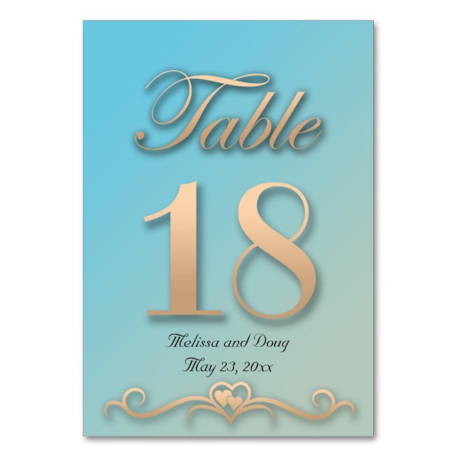 Aquamarine and Peach Wedding Table Card - Number18 (Front)