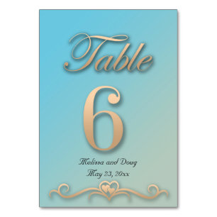 Aquamarine and Peach Wedding Table Card - Number 6