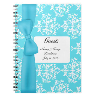 Aquamarine and White Damask Guest Sign In Notebook