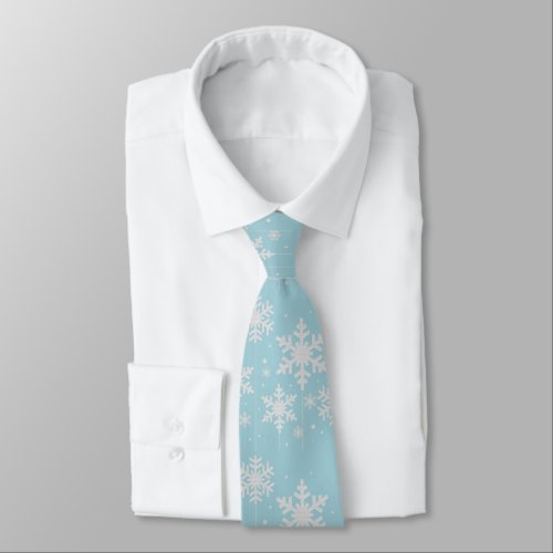 Aquamarine and White Snowflakes Winter Wedding Neck Tie