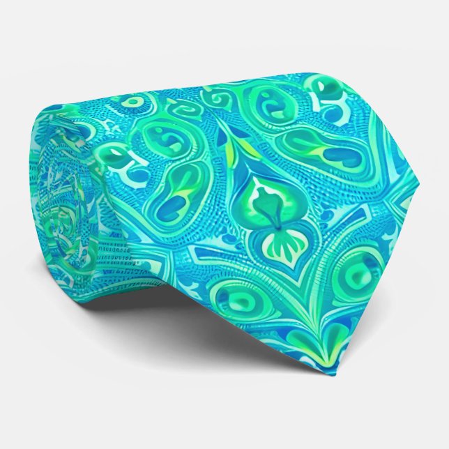 Aquamarine Arabesque Bohemian Pattern Neck Tie (Rolled)