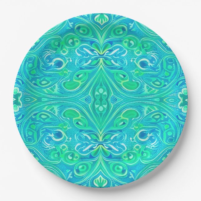Aquamarine Arabesque Bohemian Pattern Paper Plates (Front)