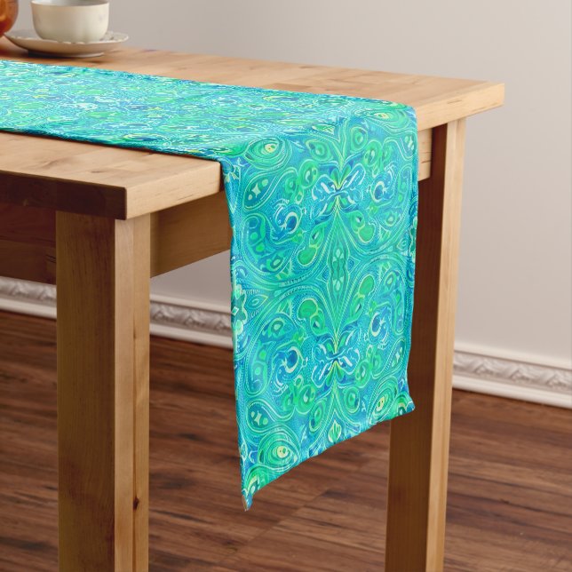 Aquamarine Arabesque Bohemian Pattern Short Table Runner (In Situ)