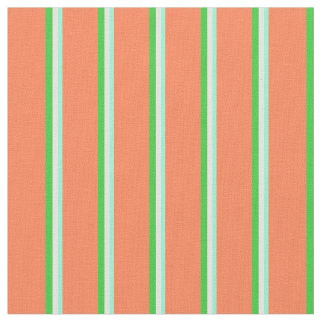 Aquamarine, Beige, Lime Green & Coral Pattern Fabric (Close Up)