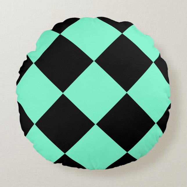 Aquamarine Black Checker Diamond Pattern Round Pillow (Front)