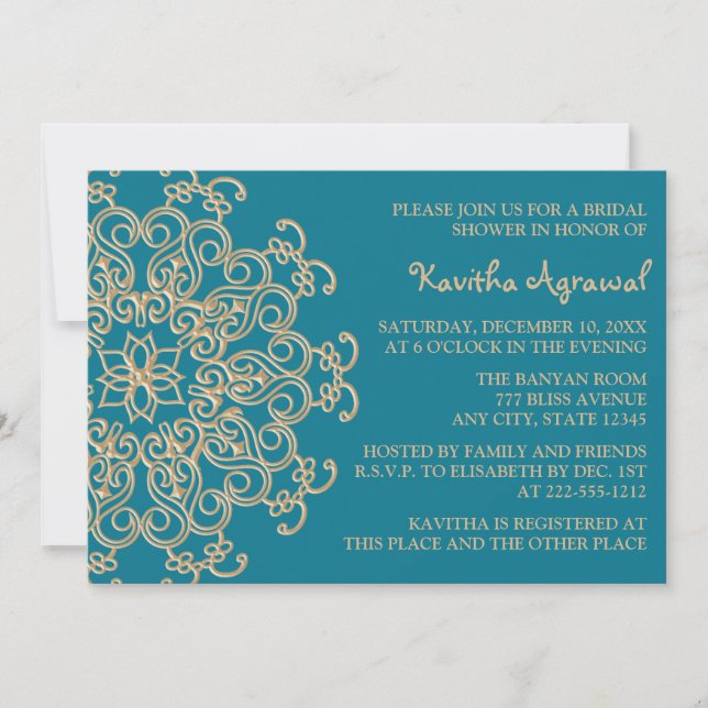 AQUAMARINE BLUE  and Gold Indian Bridal Shower Invitation (Front)