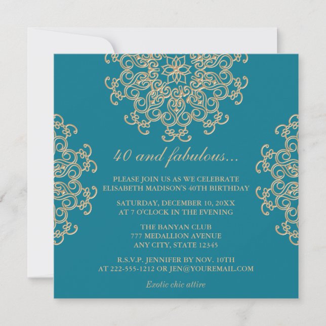 AQUAMARINE BLUE AND GOLD INDIAN INSPIRED BIRTHDAY INVITATION (Front)
