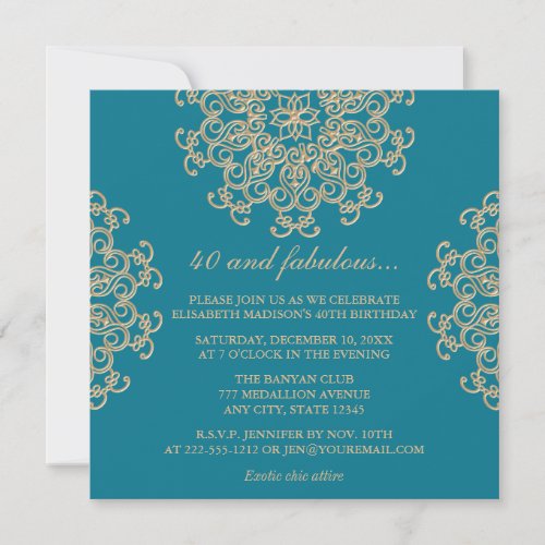 AQUAMARINE BLUE AND GOLD INDIAN INSPIRED BIRTHDAY INVITATION