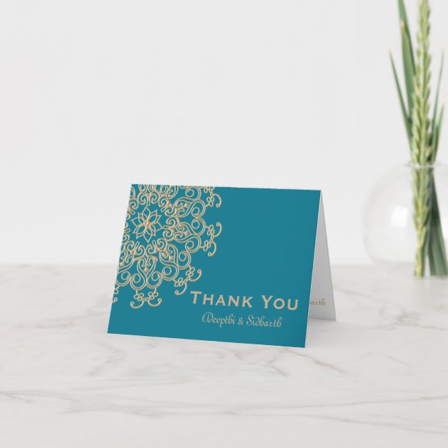AQUAMARINE BLUE AND GOLD INDIAN WEDDING THANK YOU CARD (Front)