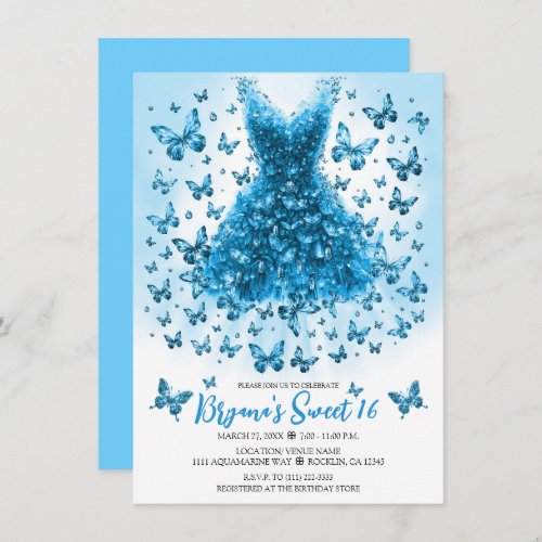 Aquamarine Blue Butterfly Dress March Birthstone Invitation
