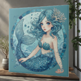 Aquamarine Blue Eye Mermaid Tropical Ocean Corals Ceramic Tile