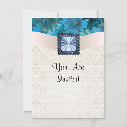 Aquamarine blue floral and cream damask custom announcements