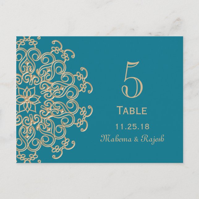 AQUAMARINE BLUE GOLD INDIAN WEDDING TABLE NUMBER (Front)