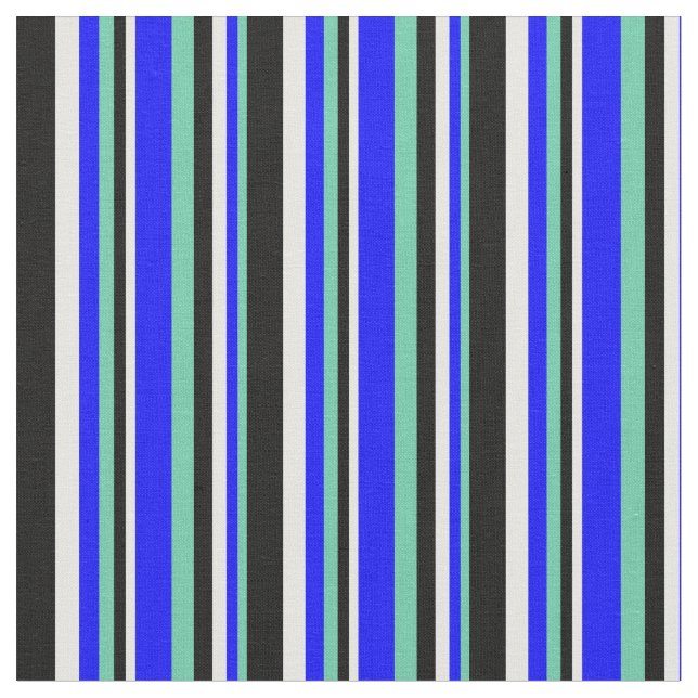 Aquamarine, Blue, Mint Cream & Black Lines Fabric (Close Up)
