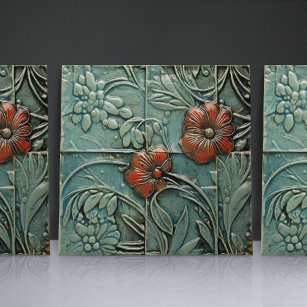 Aquamarine Blue Red Floral Organic Patterns Ceramic Tile
