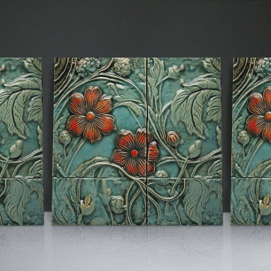 Aquamarine Blue Red Floral Organic Patterns Ceramic Tile