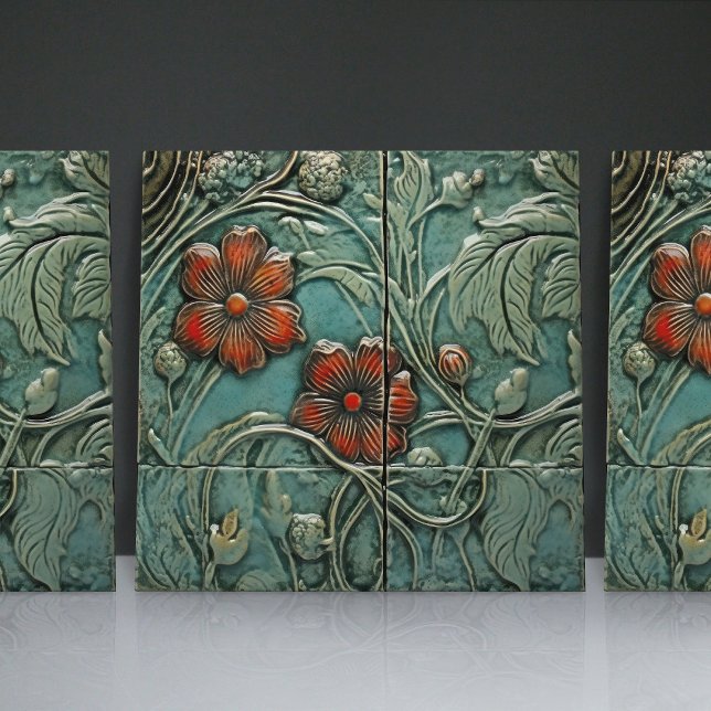 Aquamarine Blue Red Floral Organic Patterns Ceramic Tile (Creator Uploaded)