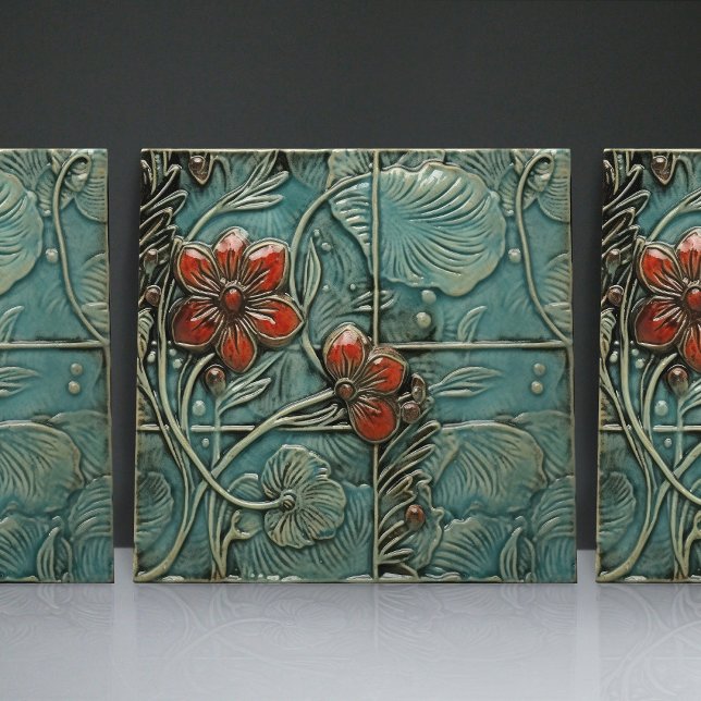 Aquamarine Blue Red Floral Organic Patterns Ceramic Tile (Creator Uploaded)