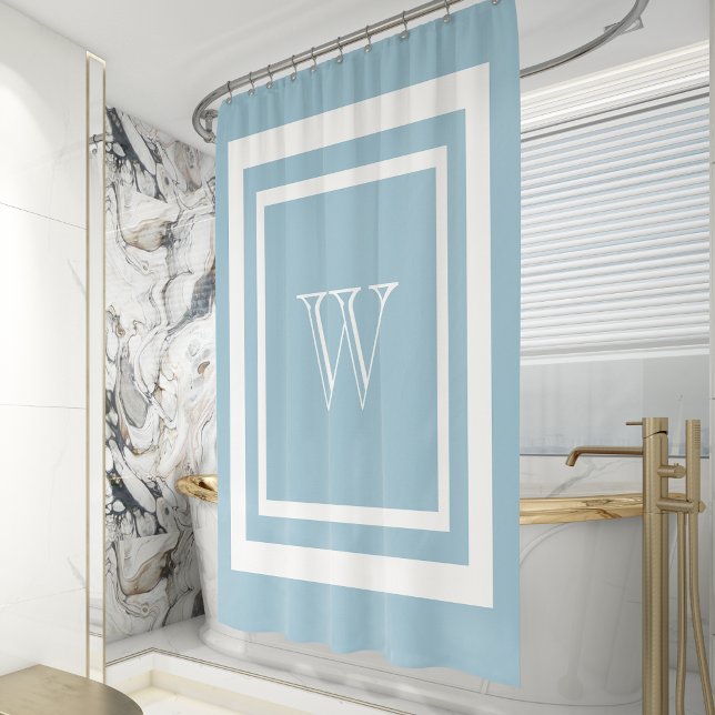 Aquamarine Blue White Framed Monogram Shower Curtain (Creator Uploaded)