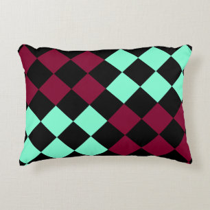 Aquamarine Burgundy Checker Diamond Pattern Accent Pillow