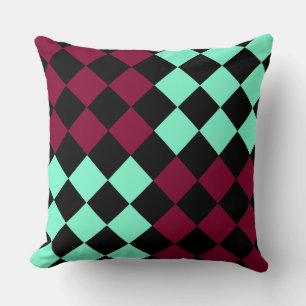 Aquamarine Burgundy Checker Diamond Pattern Throw Pillow