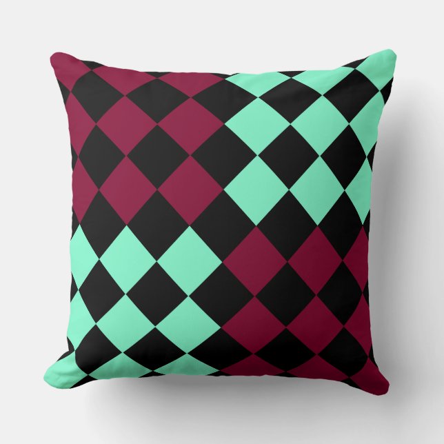 Aquamarine Burgundy Checker Diamond Pattern Throw Pillow (Front)