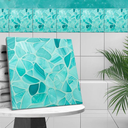 Aquamarine _ cells abstract ceramic tile