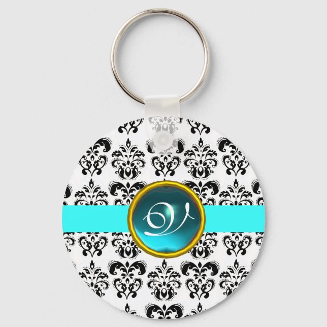 AQUAMARINE DAMASK MONOGRAM,blue turquase Keychain (Front)