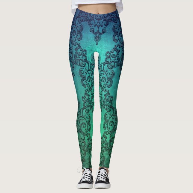 Aquamarine Dreams Damask Boho Style Leggings (Front)