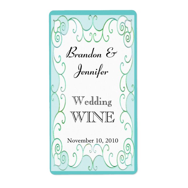 Aquamarine Flourish Wedding Mini Wine Labels (Front)