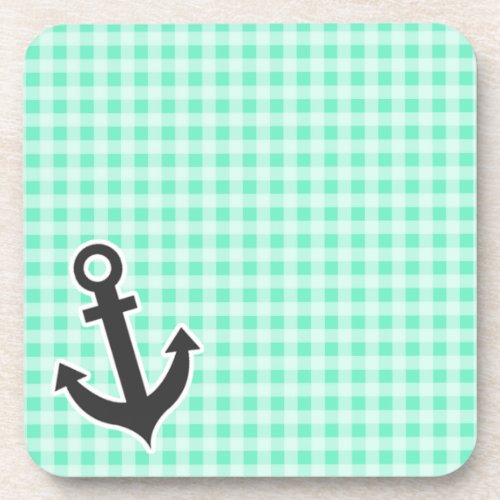 Aquamarine Gingham Nautical Anchor Coaster