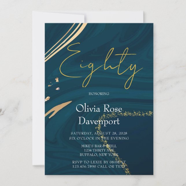 Aquamarine Gold Alcohol Ink 80th Birthday Party  Invitation (Front)