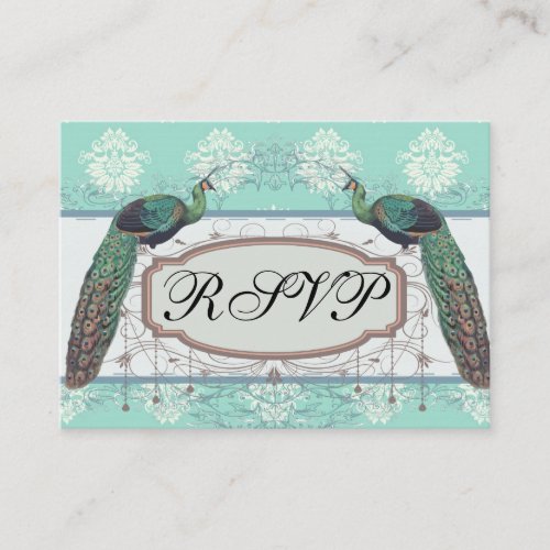 aquamarine green and cream peacock damask business cards