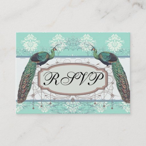 Customizable aquamarine green and cream peacock damask business cards