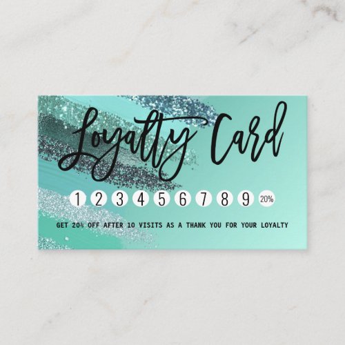 Aquamarine Green Blue Glitter Painted Brushstrokes Loyalty Card