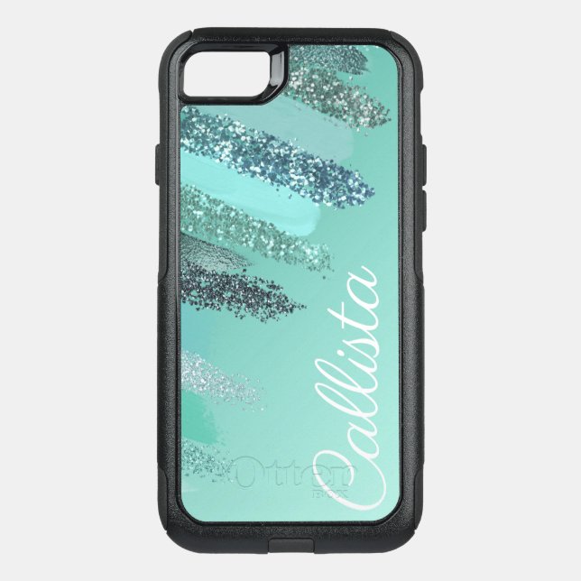 Aquamarine Green Blue Glitter Painted Brushstrokes Otterbox iPhone Case (Back)