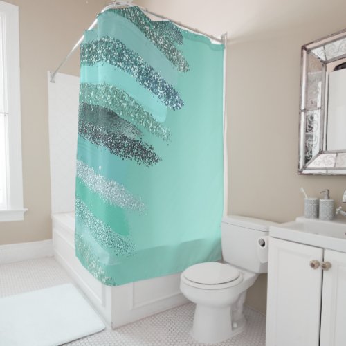 Aquamarine Green Blue Glitter Painted Brushstrokes Shower Curtain