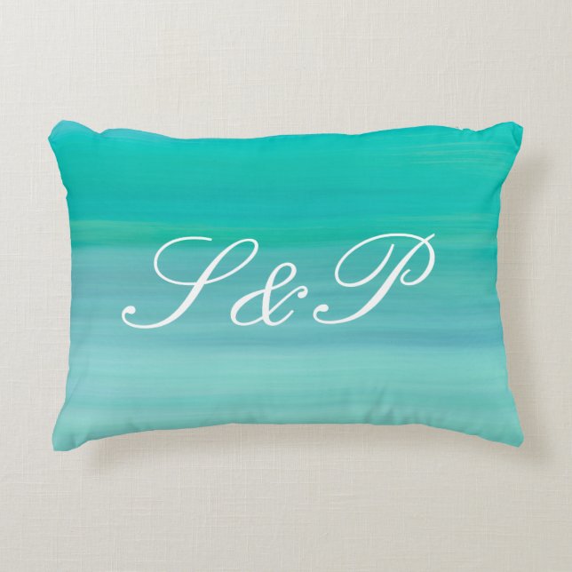 Aquamarine green ocean monogram decorative pillow (Front)