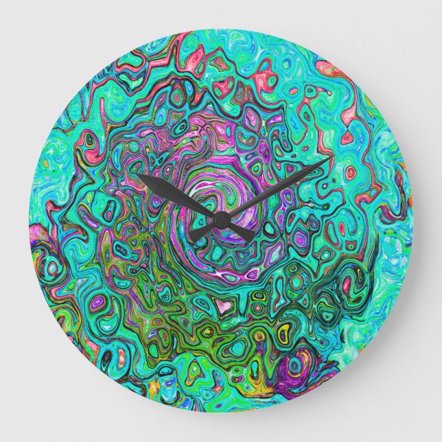 Aquamarine Groovy Abstract Retro Liquid Swirl Large Clock (Front)